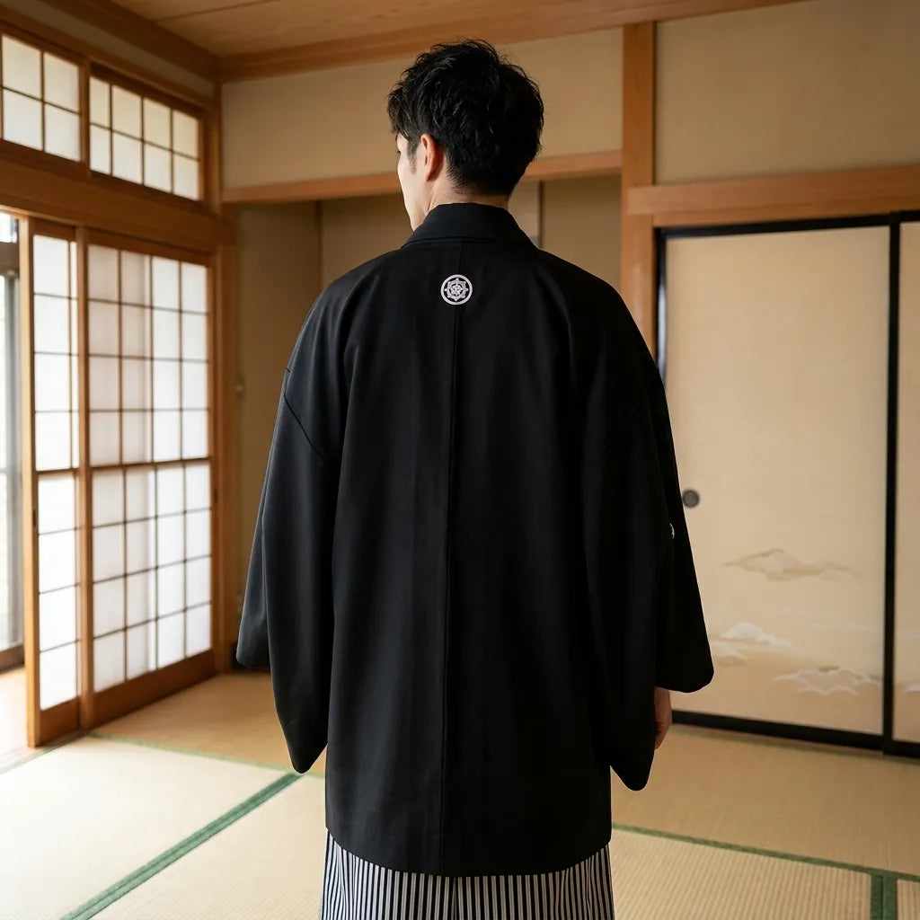 Ensemble kimono homme noir et haori porté de face