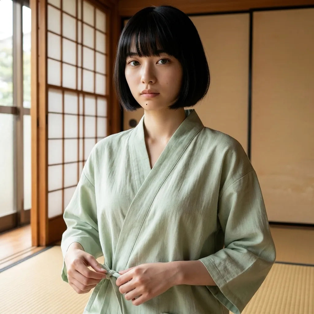 Ensemble kimono pyjama femme vert sauge, détail de la ceinture et des manches larges