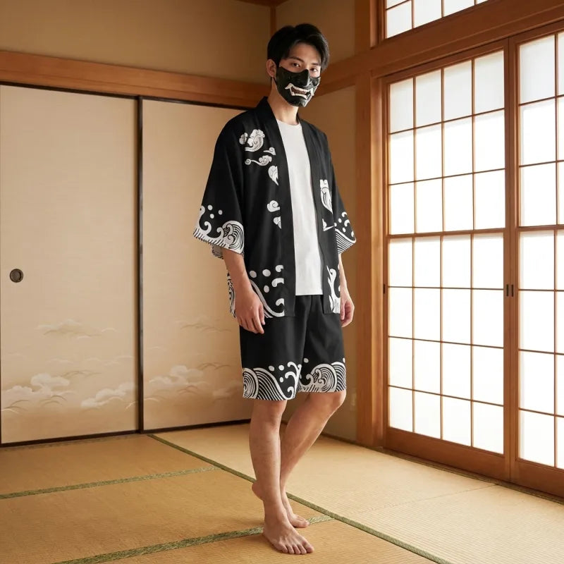 Ensemble Kimono Short Homme motif vagues et nuages