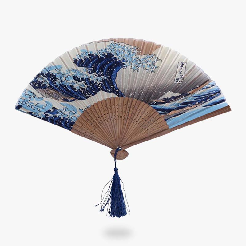 Eventail Japon plié avec motif de la Grande Vague de Kanagawa