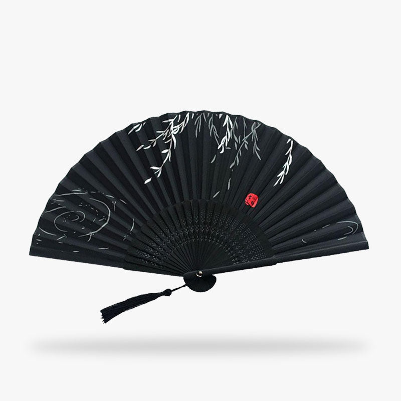 Éventail japonais noir en bambou et satin motif tige de bambou