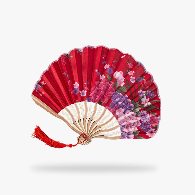 Éventail japonais sakura rouge en bambou et satin