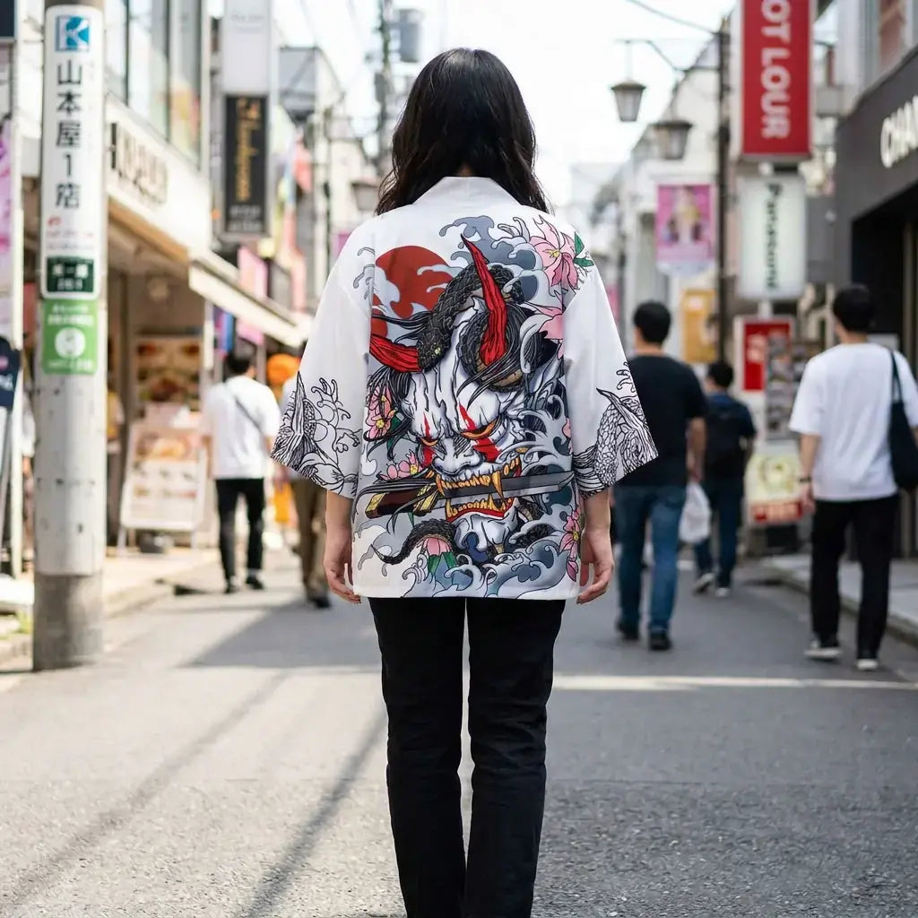 Kimono Hannya porté par une femme dans une pièce japonaise traditionnelle