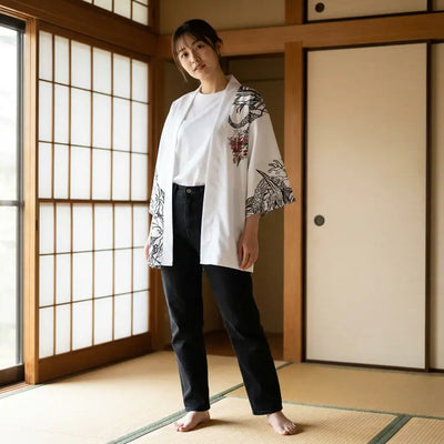 Kimono Hannya porté par une femme dans une pièce japonaise traditionnelle