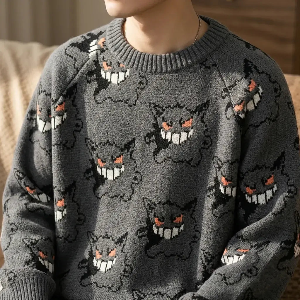 Détail du bord côtelé avec fente latérale sur un sweat gris imprimé Gengar à coupe droite et ample.