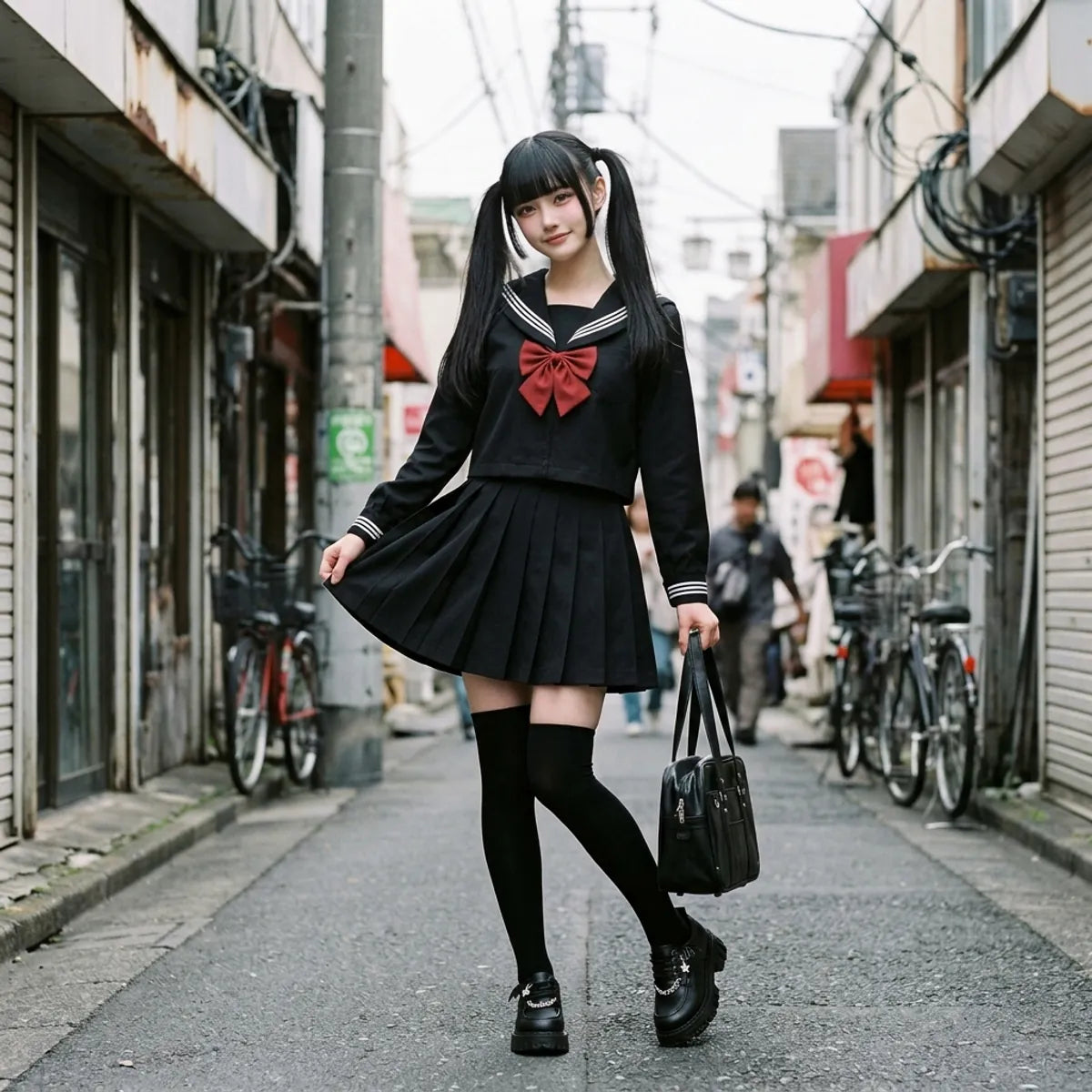 Fuku sailor noir avec noeud rouge porté dans une ruelle de Harajuku avec un cartable