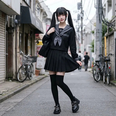 Fuku sailor noir avec col gris et foulard gris porté dans une ruelle de Harajuku avec un cartable