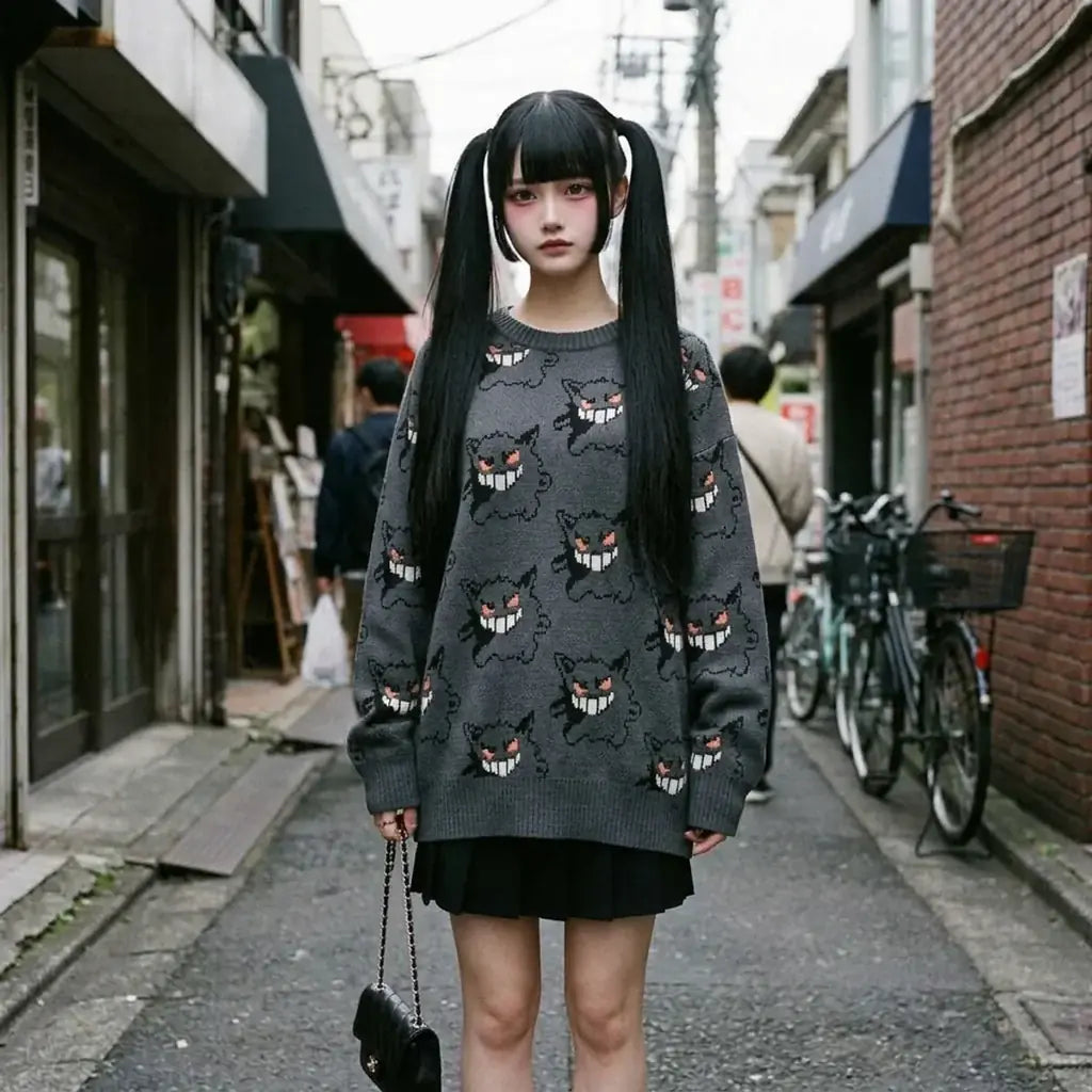 Pull ras du cou gris anthracite avec motif tricot jacquard visage de Gengar sur toute la surface, vu de face.