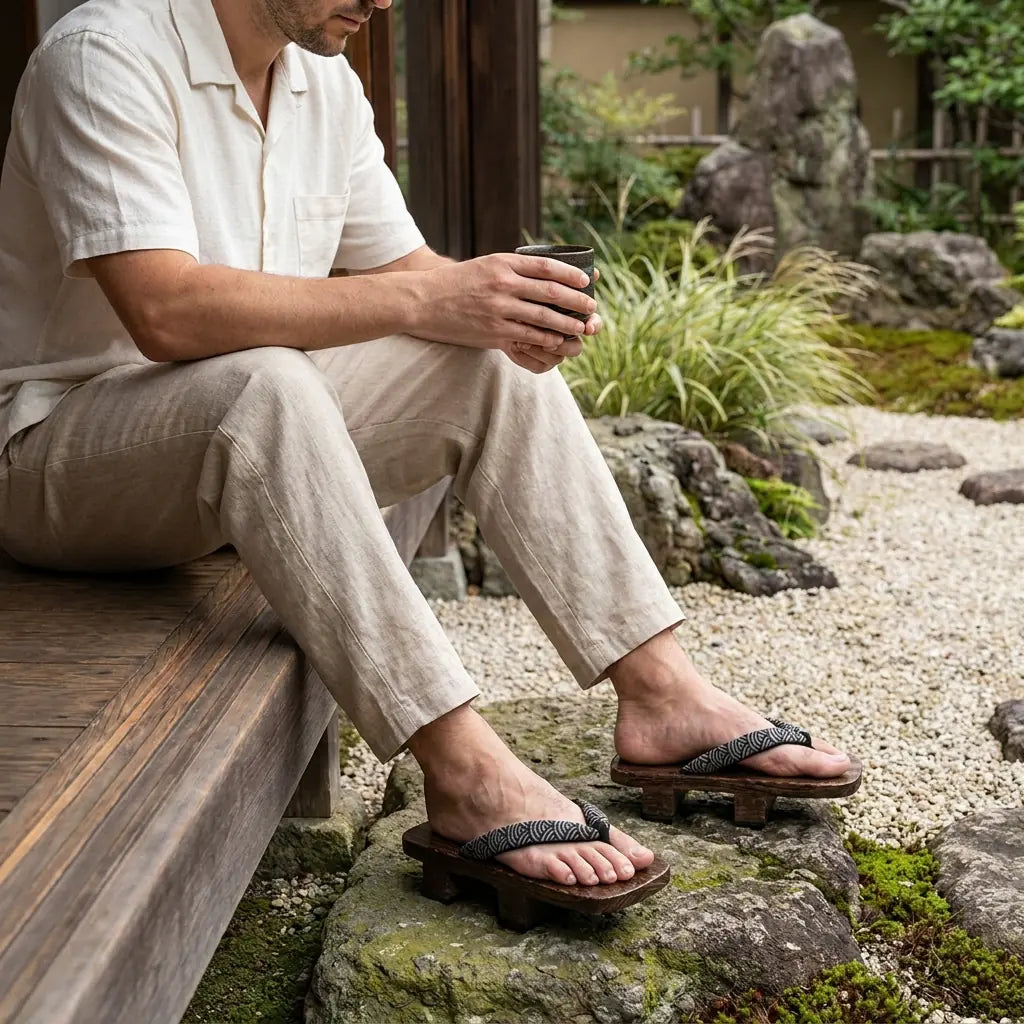 Geta portées assis dans un jardin japonais avec des chaussettes tabi blanches