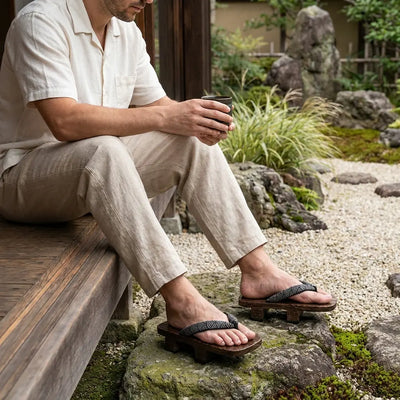 Geta portées assis dans un jardin japonais avec des chaussettes tabi blanches