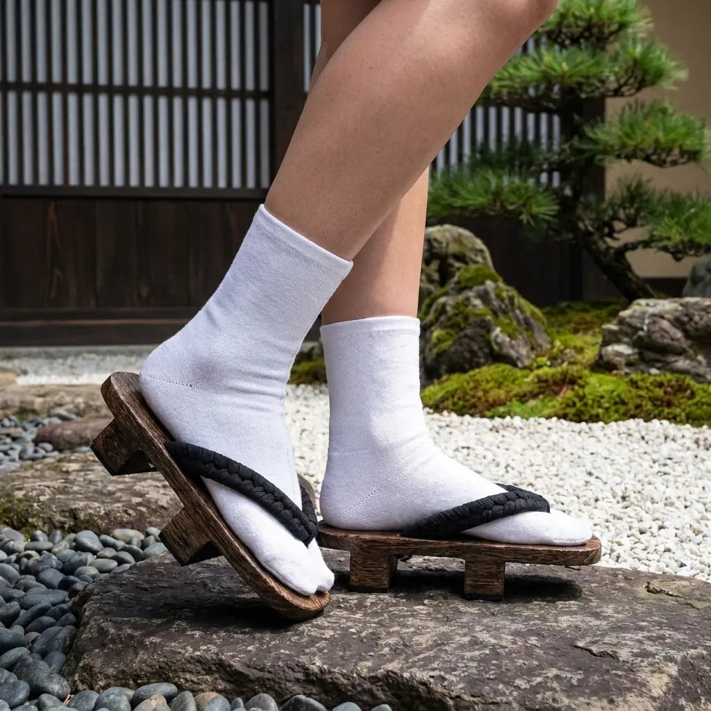 Geta corde noire en bois foncé vues de dessus