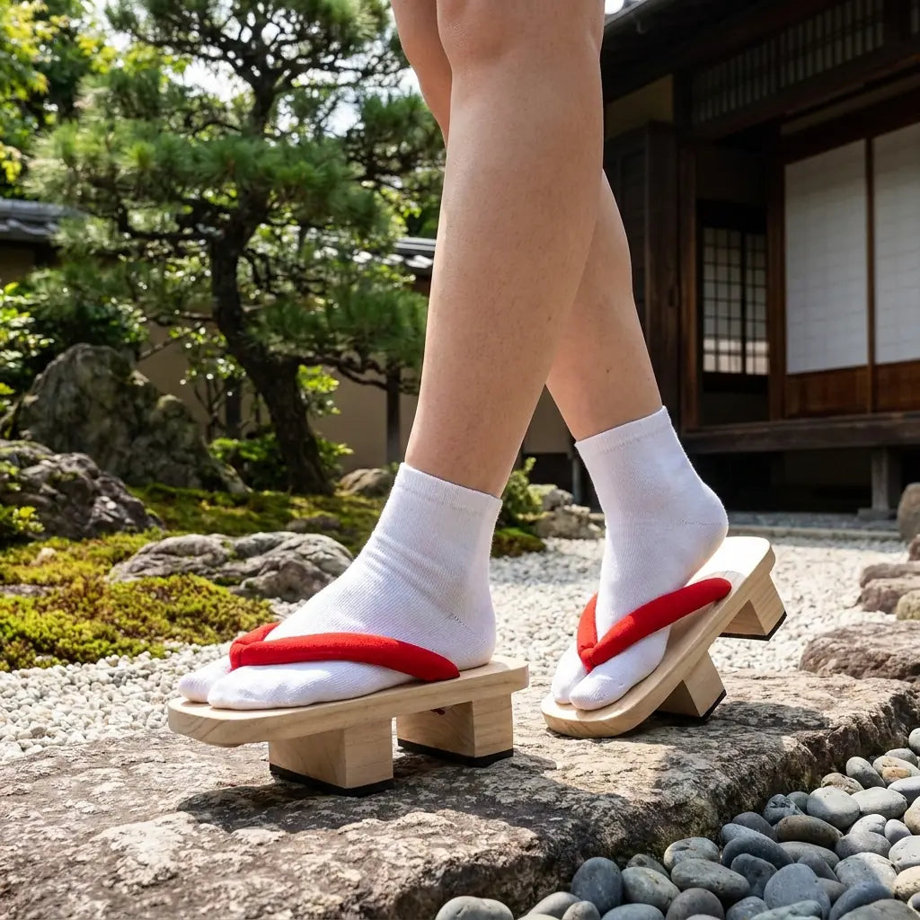 Geta hanao rouge portée avec un kimono rose