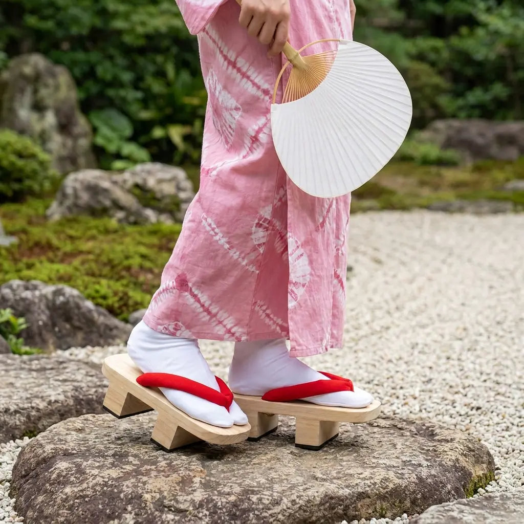 Geta portée assise dans un jardin japonais