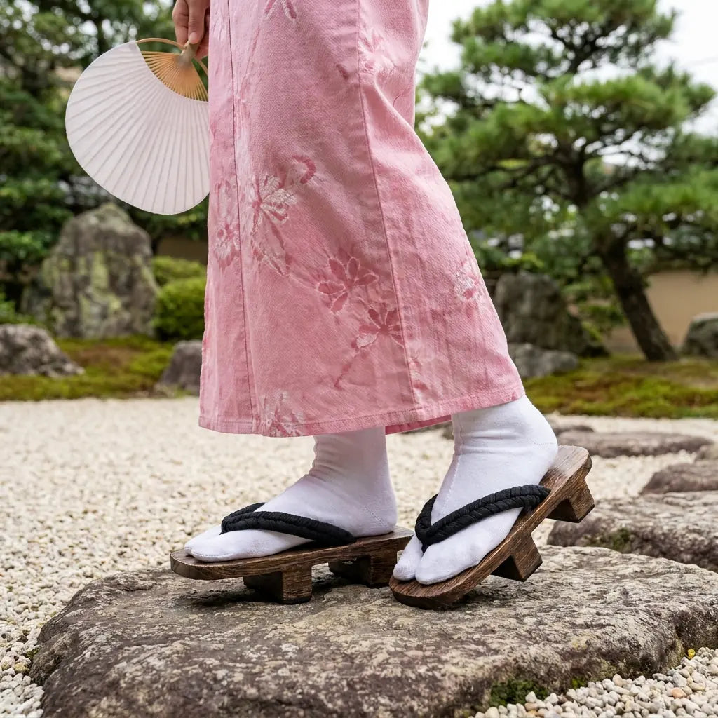Geta homme associées à un kimono rose dans un jardin japonais