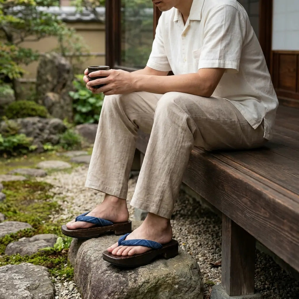 Geta femme en promenade dans un jardin japonais traditionnel