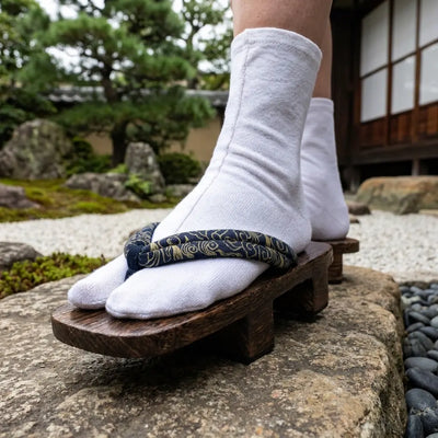 Geta Karakusa Bleu, sandales en bois vue d'ensemble