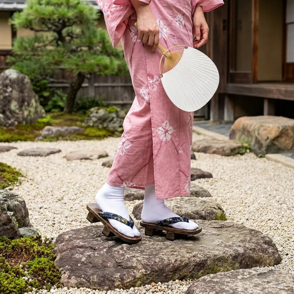 Sandale geta portée avec un kimono rose dans un jardin japonais