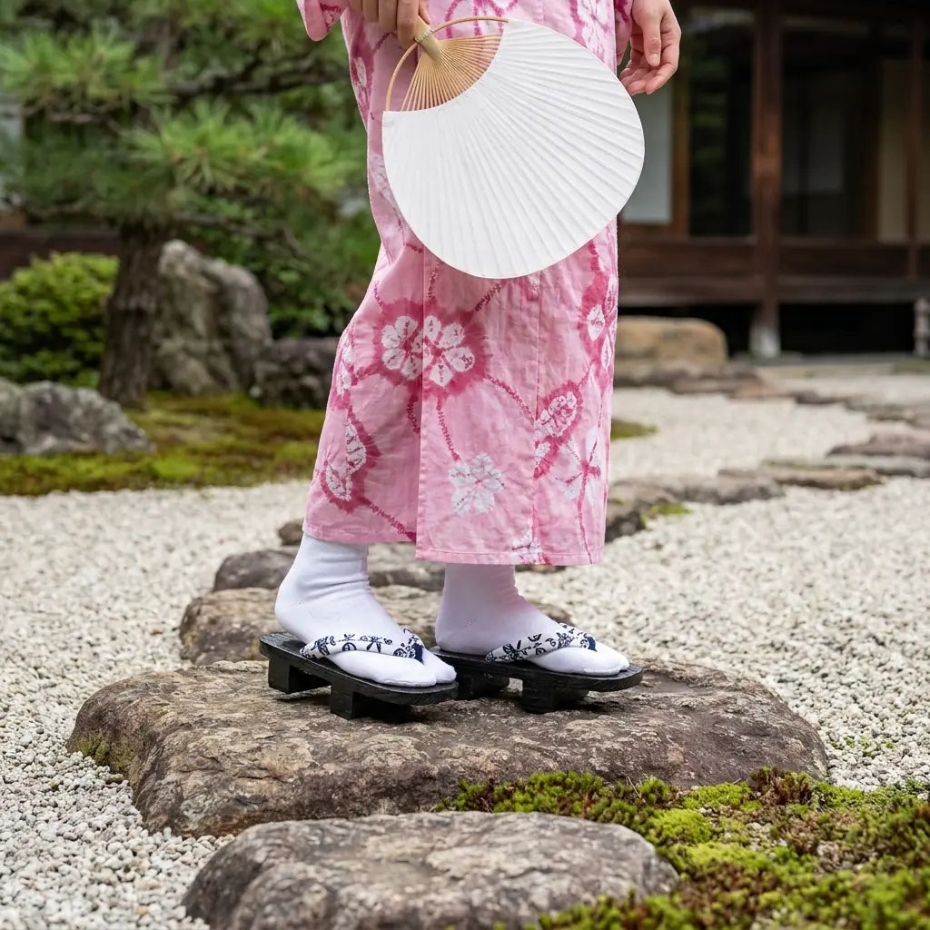 Geta en bois portée avec un kimono rose dans un jardin japonais