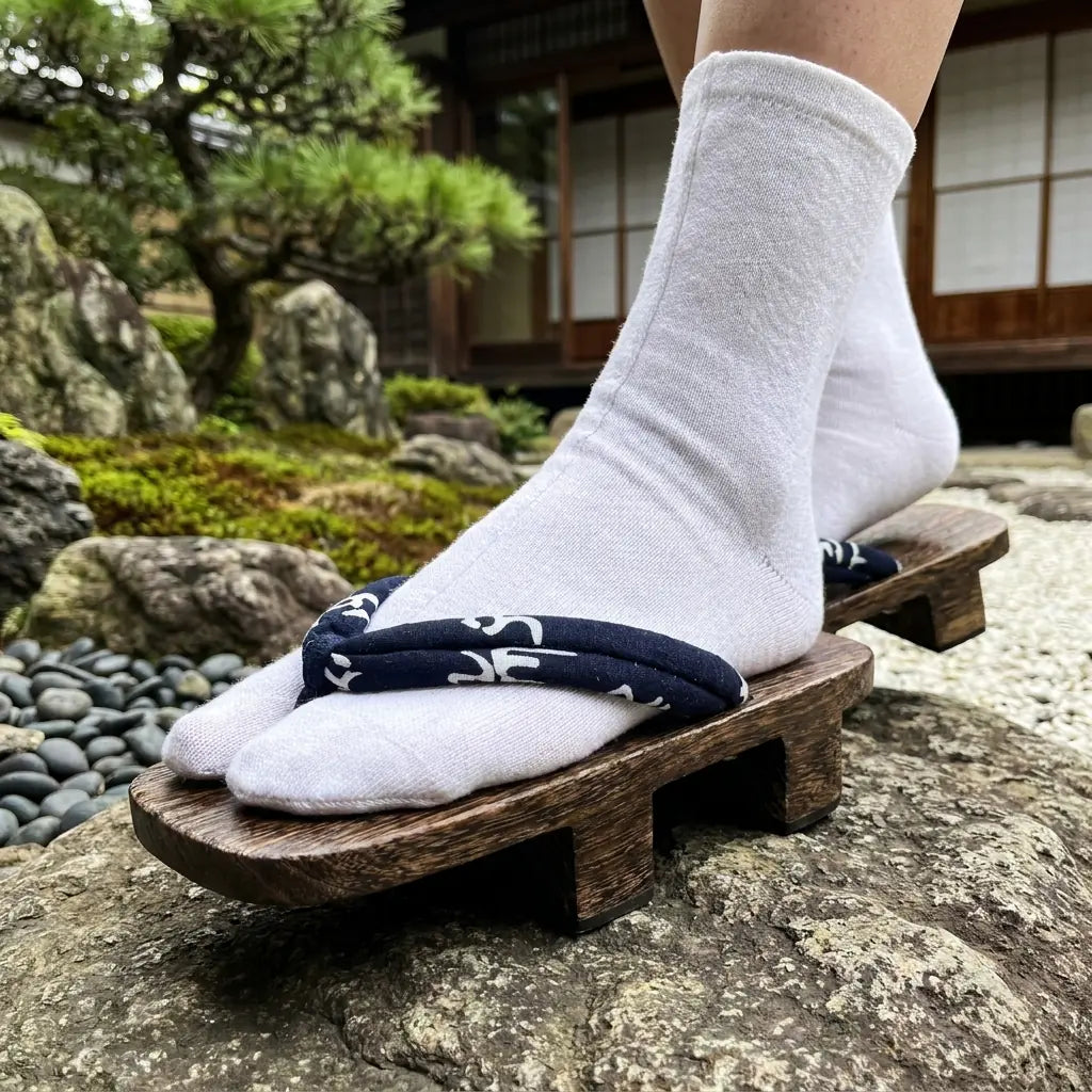 Gros plan sur la lanière bleu marine à caractères blancs des geta motif kanji