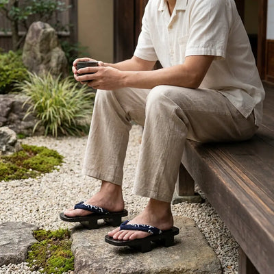 Geta porté avec des chaussettes tabi japonaises