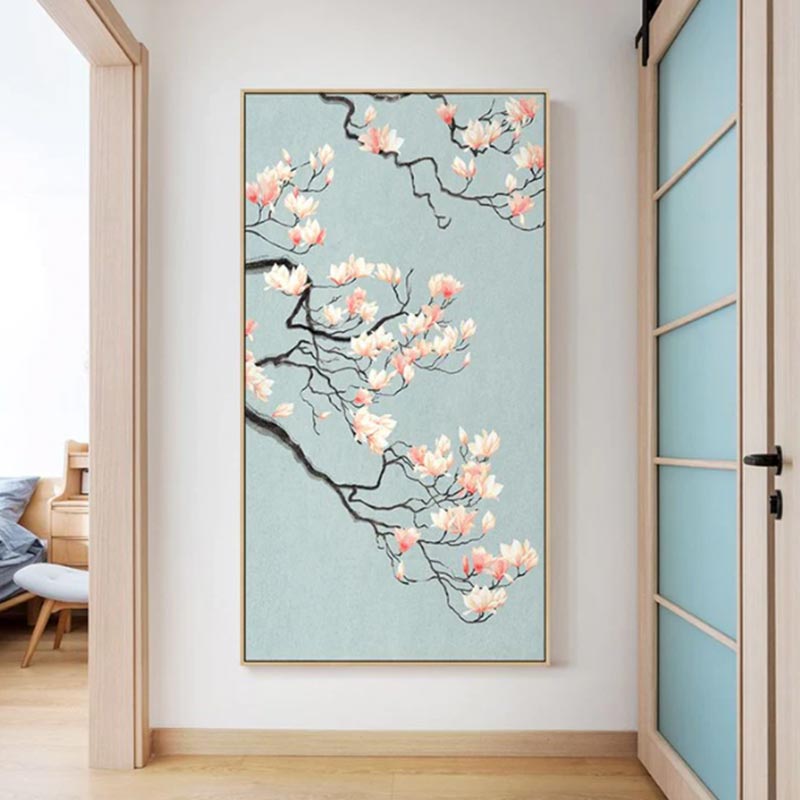 Dans un appartement un grand tableau cerisier fleur japon est accroché sur un mur
