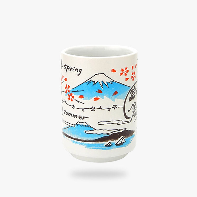 Cette Grande tasse japonaise est un mug japonais pour boire un café ou un matcha. Les dessins sur la tasse a café sont le mont fuji, et des fleurs de cerisiers japonais
