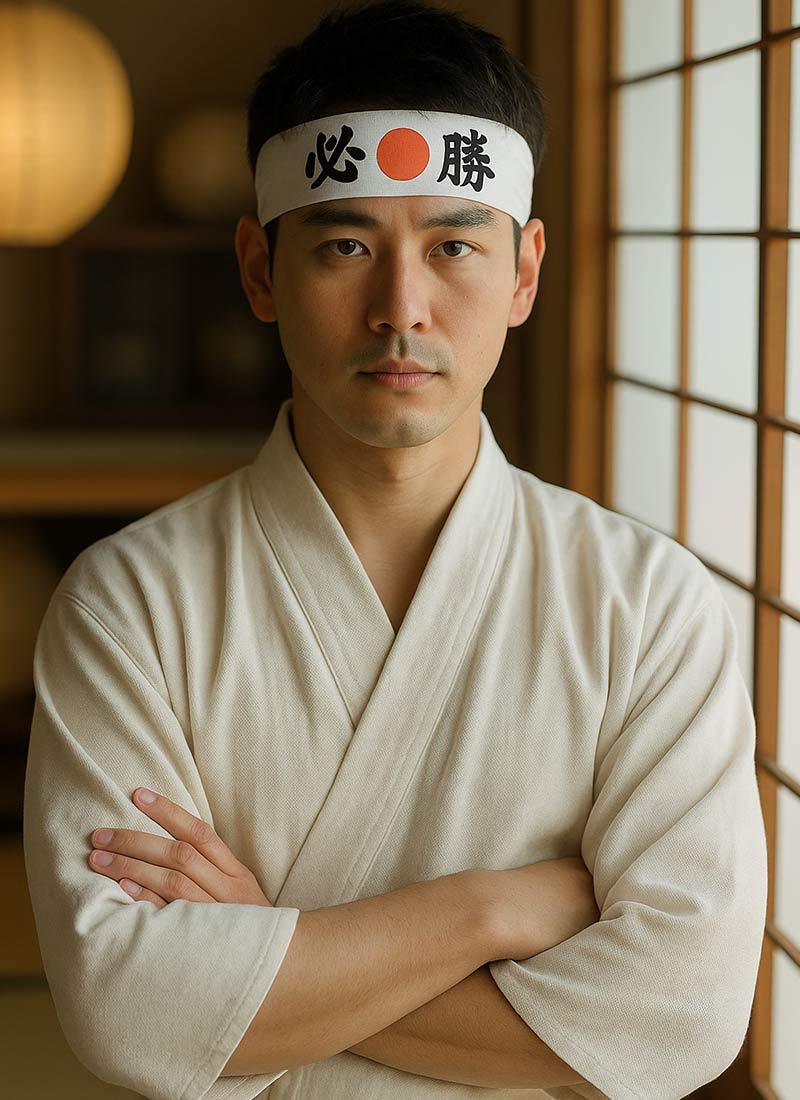 Homme portant un uniforme kimono japonais blanc avec un bandeau hachimaki hissho dans une maison traditionnelle japonaise