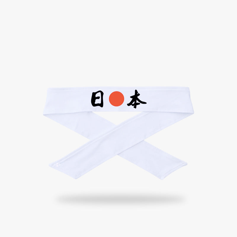 Bandeau hachimaki japonais blanc avec kanji noir et disque rouge, symbole du pays du soleil levant.