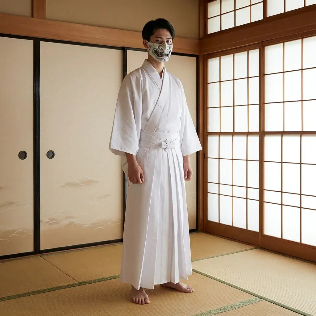 Hakama Blanc porté par un homme dans une pièce japonaise traditionnelle, vue de face