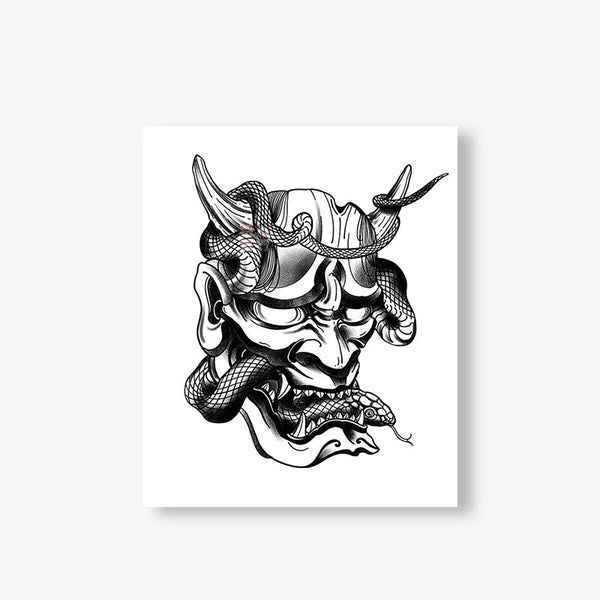 Pour un style irezumi, commandez ce hanny tattoo flash. C'est un dessin d'un masque de demon japonais oni avec un serpent