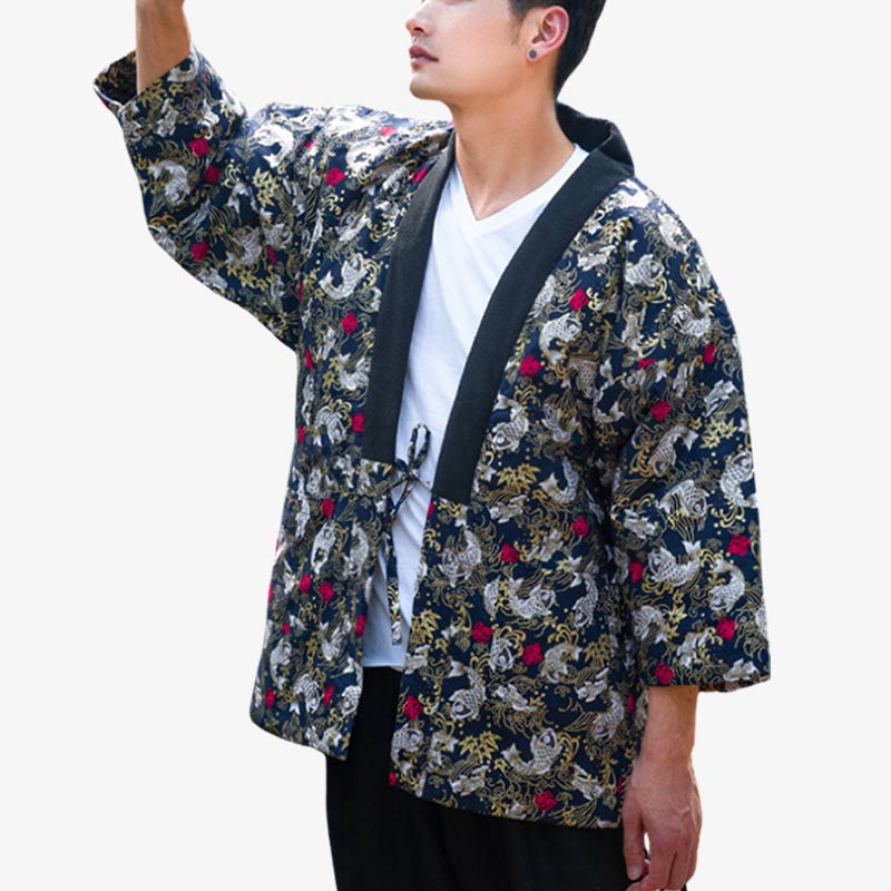 Ce manteau japonais traditionnel est un hanten hiver. C'est une veste japonaise molletonné qui s'enfile par dessus un kimono homme