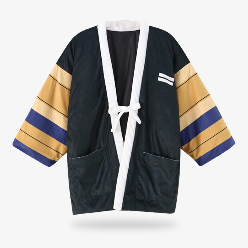 Cette veste japonaise traditionnelle est un hanten matelasse. C'est un manteau japonais de couleur noir avec des manches coloré. Le col du manteau kimono est blanc