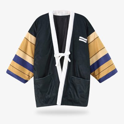 Cette veste japonaise traditionnelle est un hanten matelasse. C'est un manteau japonais de couleur noir avec des manches coloré. Le col du manteau kimono est blanc