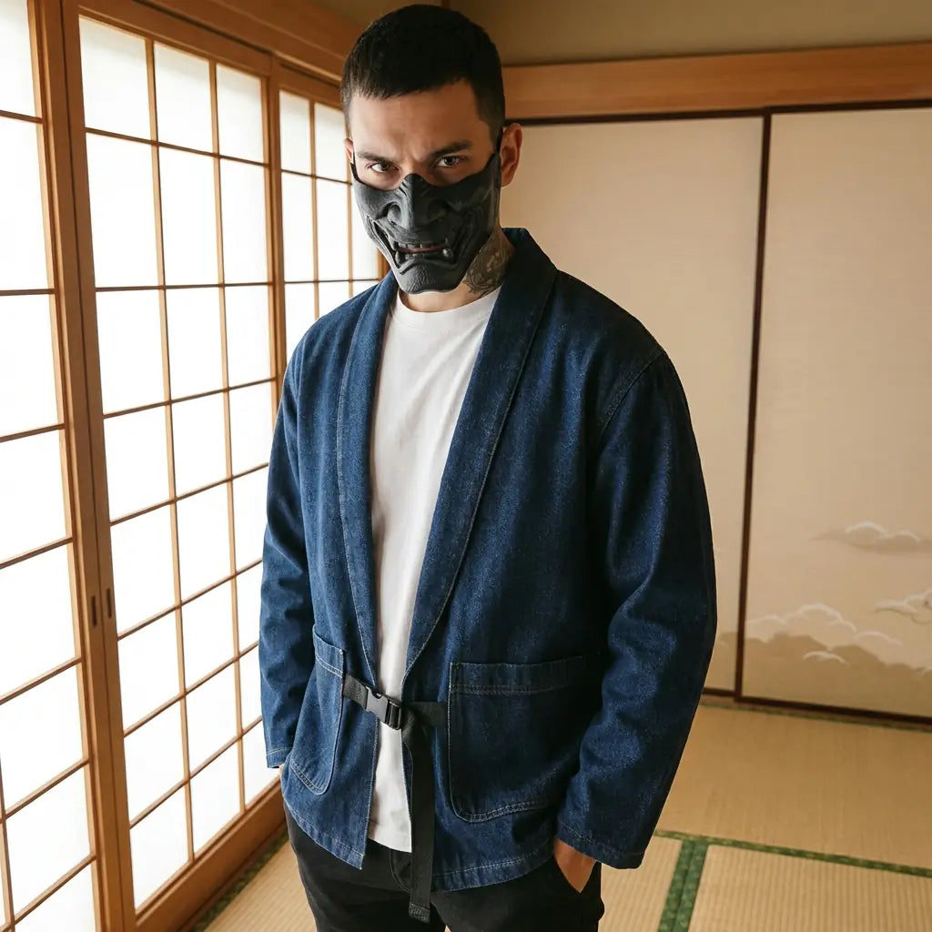 Homme portant un haori bleu dans une pièce japonaise washitsu avec des cloisons shoji, vue de face à hauteur de taille