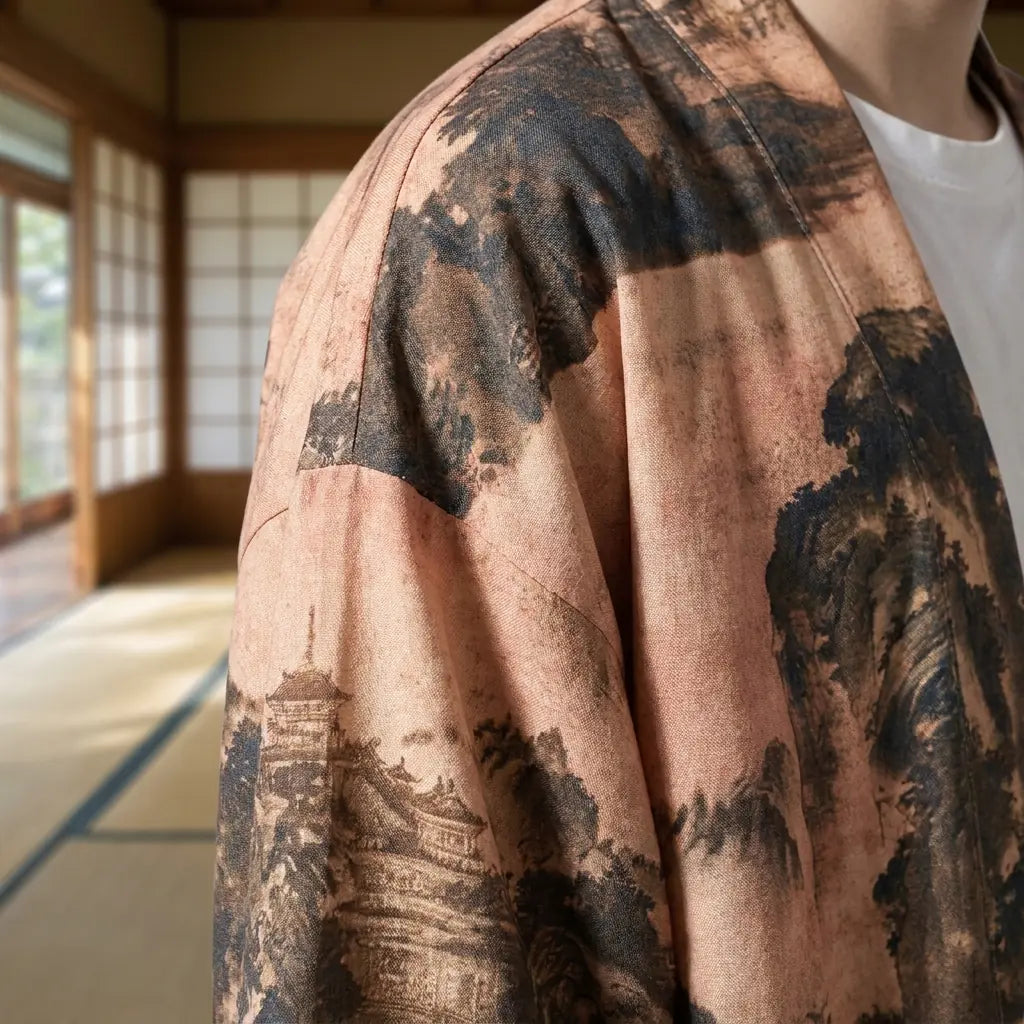 Gros plan sur la broderie dorsale d'un haori japonais