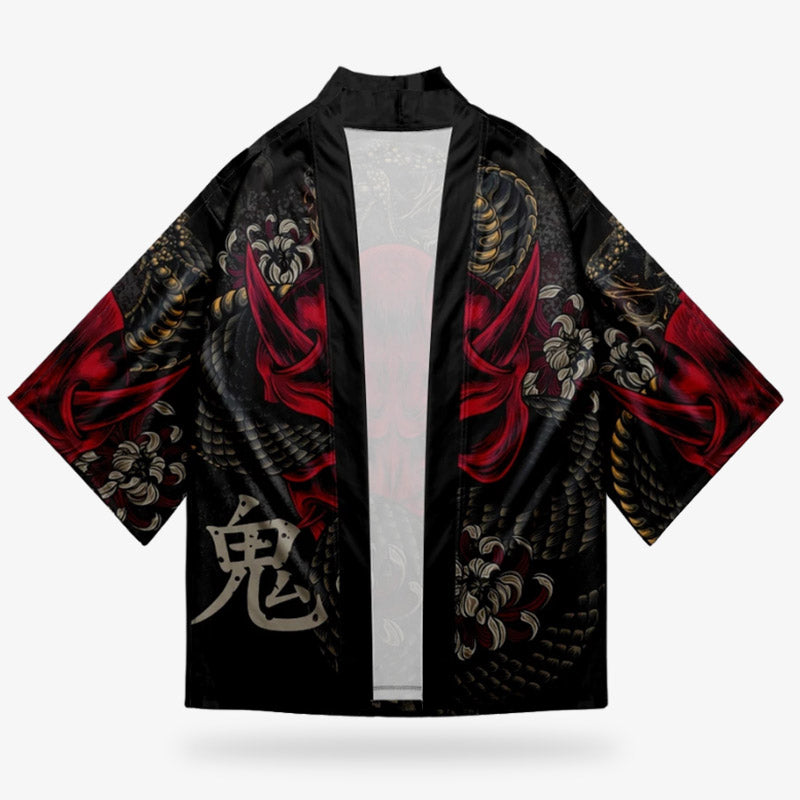 Kimono yokai japonais avec motifs d'esprit Oni, kanji et lys Lycoris radiata, idéal pour le cosplay