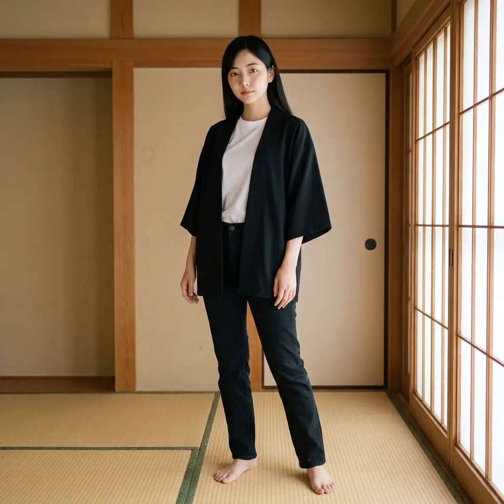 Haori coton femme porté ouvert sur un t-shirt blanc dans une pièce tatami