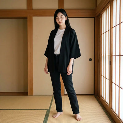 Haori coton femme porté ouvert sur un t-shirt blanc dans une pièce tatami