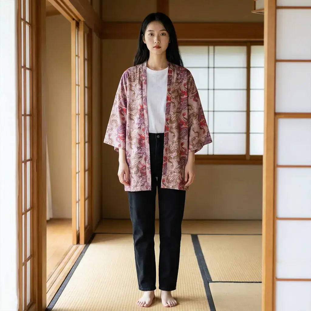 Haori Dragon porté par un homme dans une pièce japonaise traditionnelle, vue de face