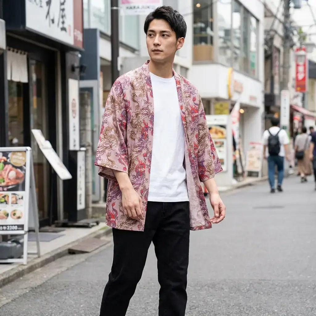 Haori Dragon porté par un homme dans une pièce japonaise traditionnelle, vue de face