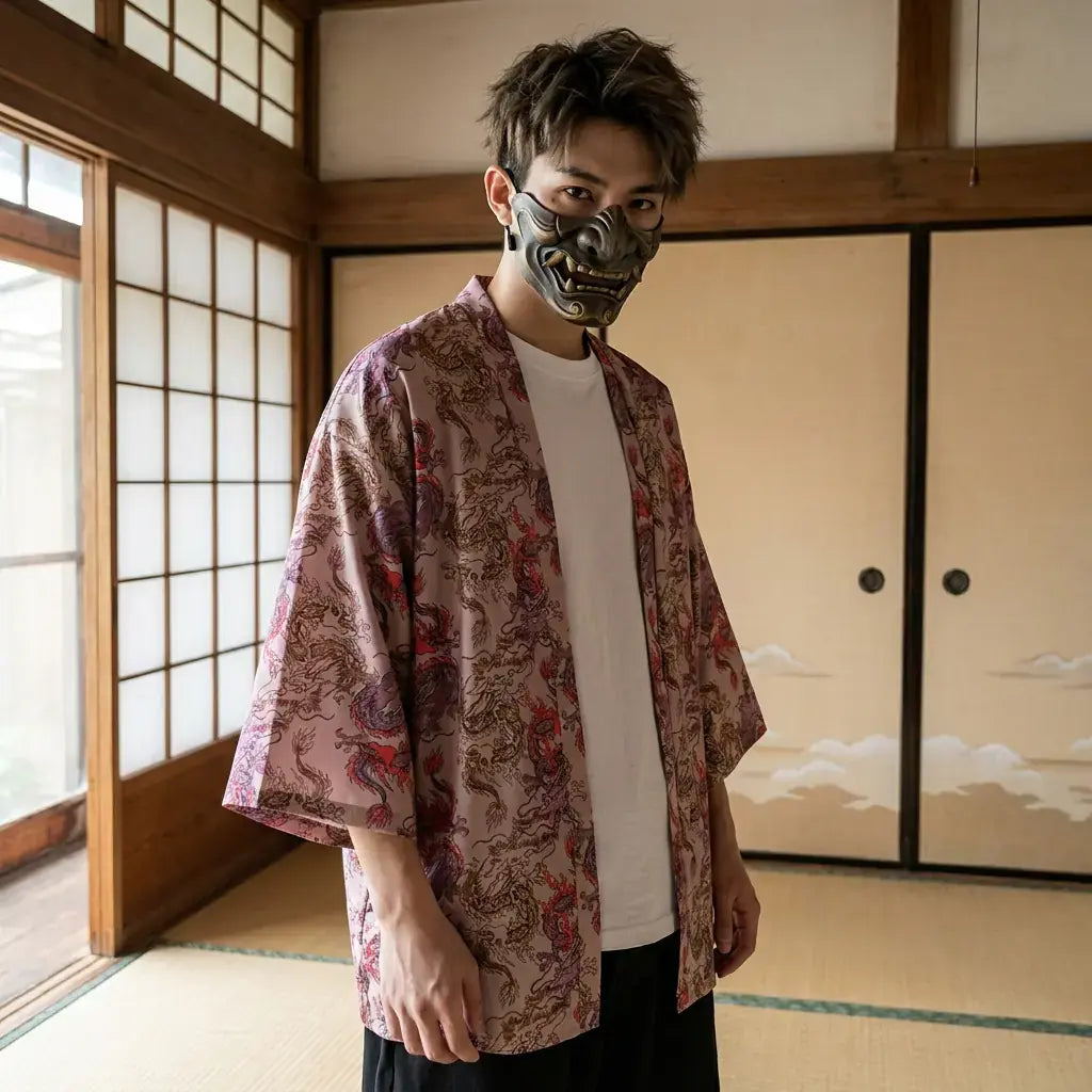 Haori Dragon porté par un homme dans une pièce japonaise traditionnelle, vue de face