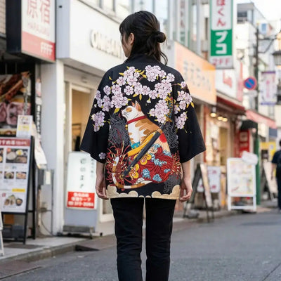 Kimono Wool Haori porté par une femme dans une pièce japonaise traditionnelle
