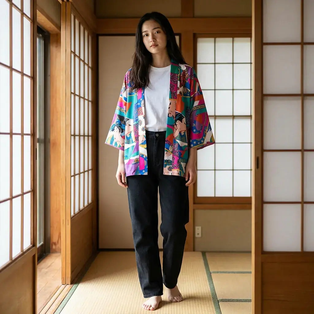 Montsuki Haori porté par une femme dans une pièce japonaise traditionnelle