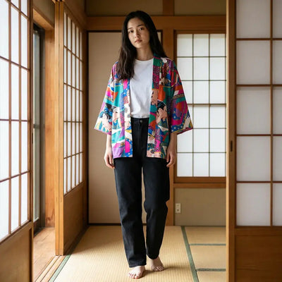 Montsuki Haori porté par une femme dans une pièce japonaise traditionnelle