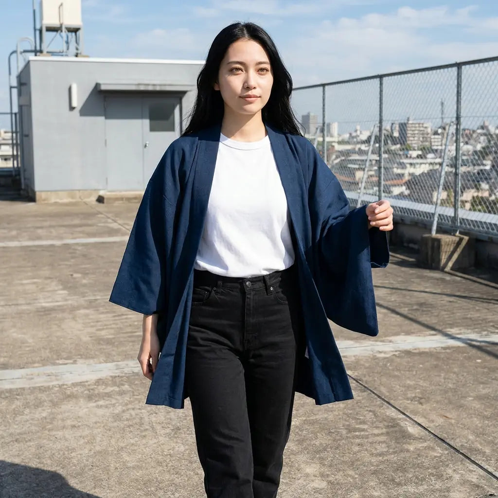 Haori femme japonais aux larges manches trois-quarts, photographié sur un toit, mains dans les poches