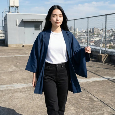 Haori femme japonais aux larges manches trois-quarts, photographié sur un toit, mains dans les poches