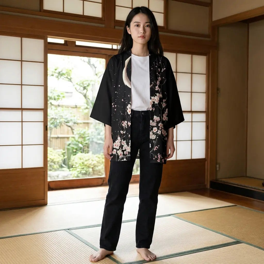 Femme portant un haori lune dans une pièce washitsu avec tatami et cloisons shoji