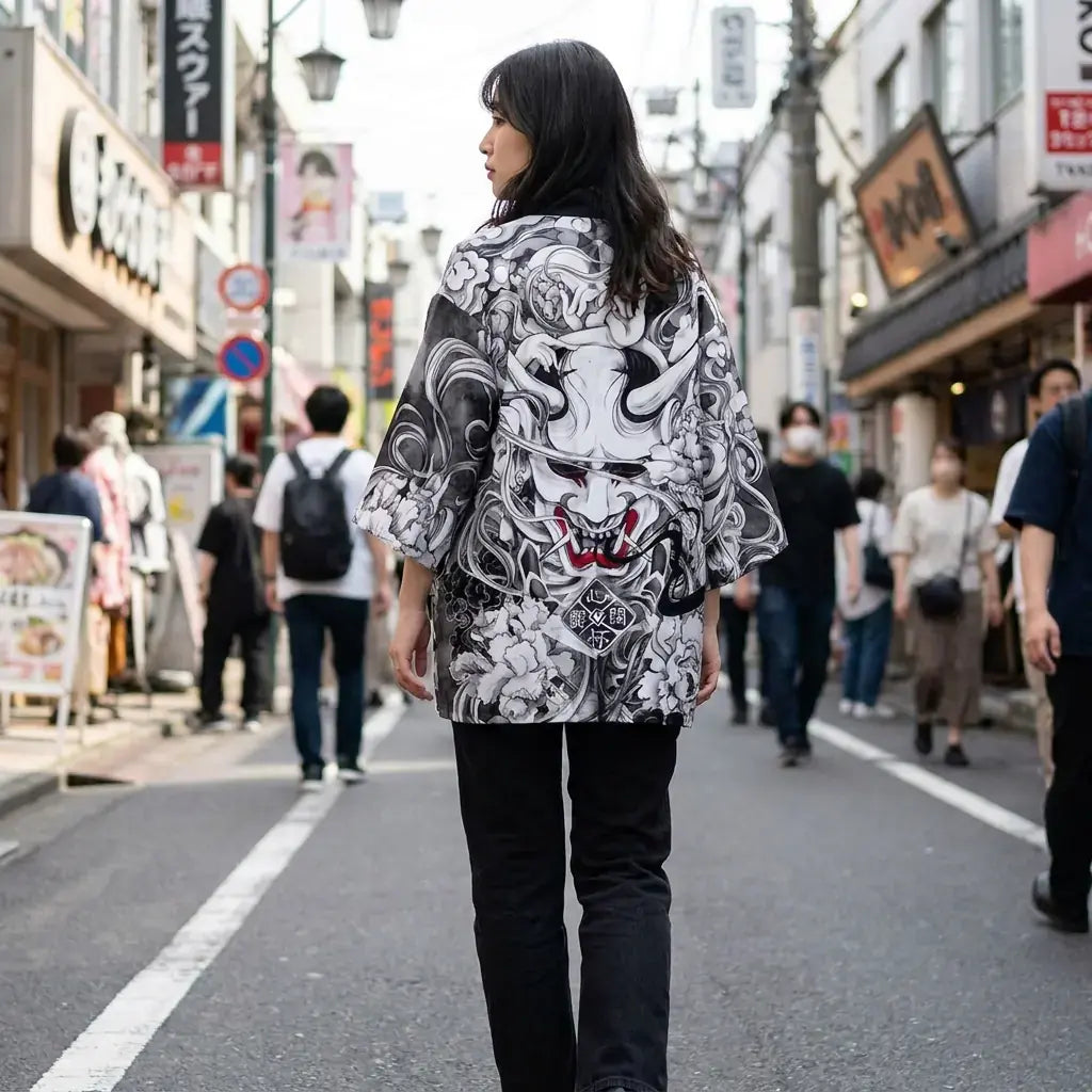 Veste Kimono Homme porté par une femme dans une pièce japonaise traditionnelle