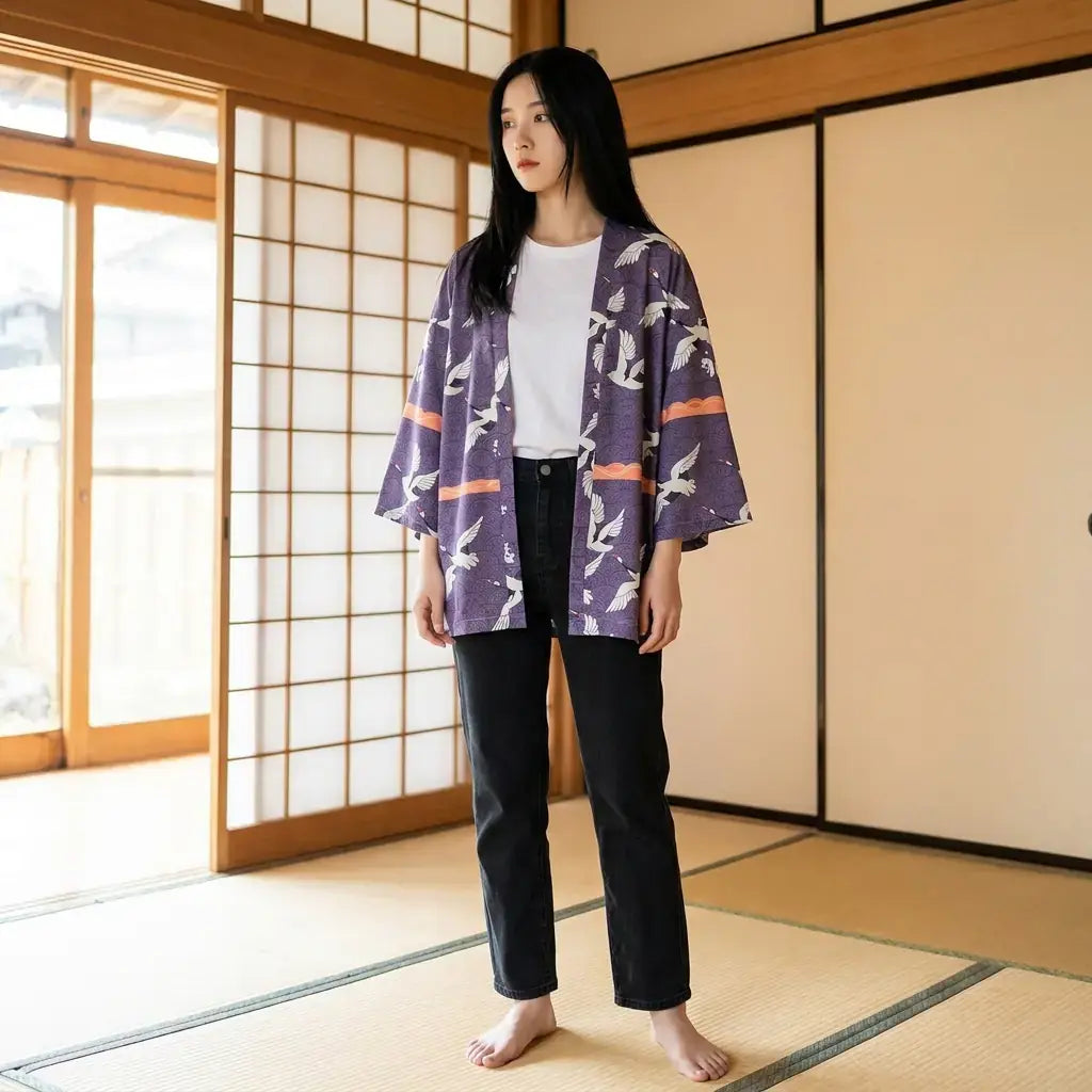 Haori Tokyo porté par une femme dans une pièce japonaise traditionnelle