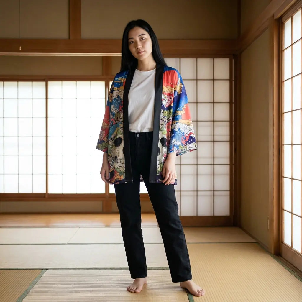 Haori femme au motif vague et crâne, porté sur un tatami